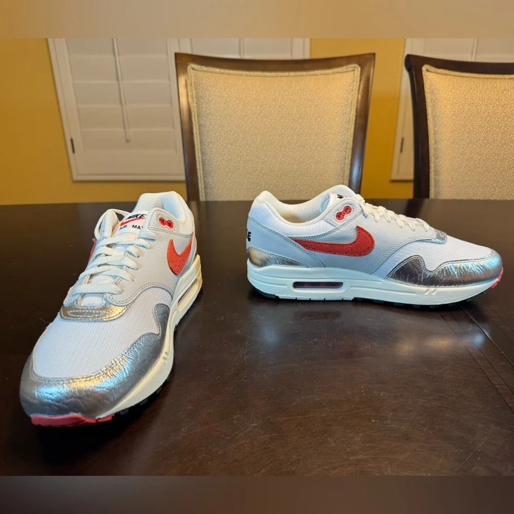 New Nike Air Max 1 Premium White Silver Sneaker Shoes Size US 10 - Picture 8 of 14
